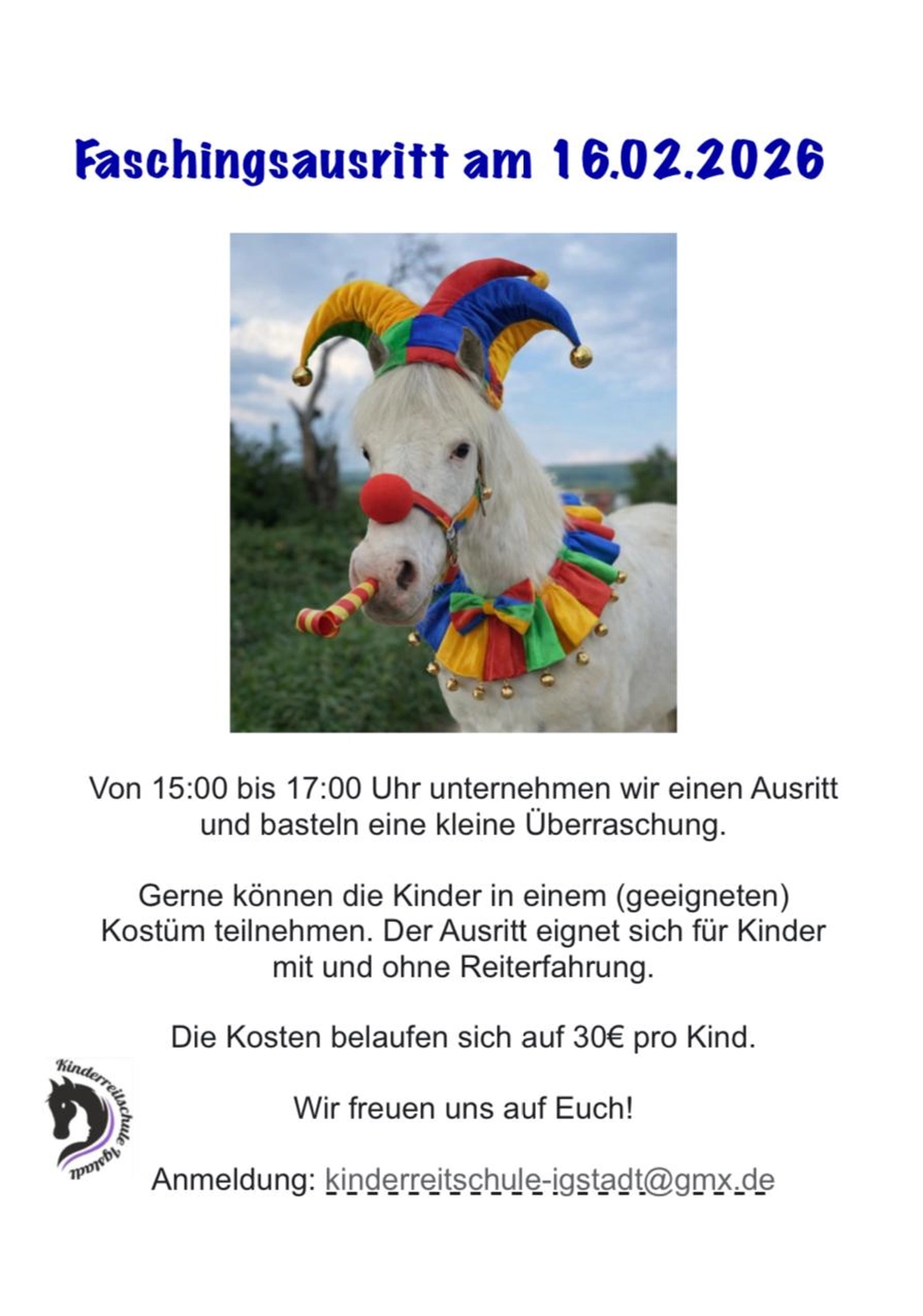 Flyer Faschingsausritt am 16. Februar 2026, 15 bis 17 Uhr, 30 Euro pro Kind