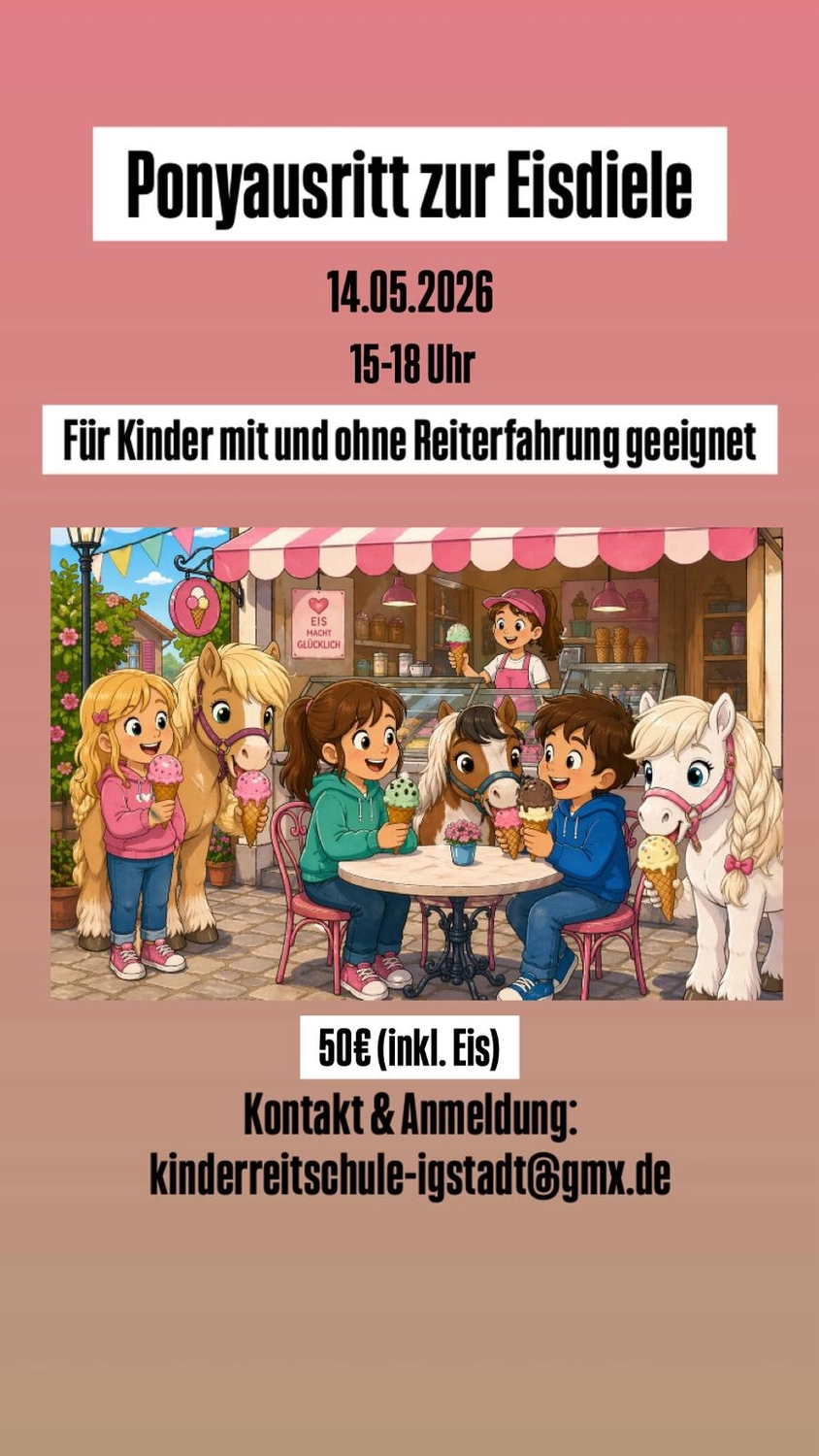 Flyer Ponyausritt zur Eisdiele am 14. Mai 2026, 15 bis 18 Uhr, 50 Euro inklusive Eis