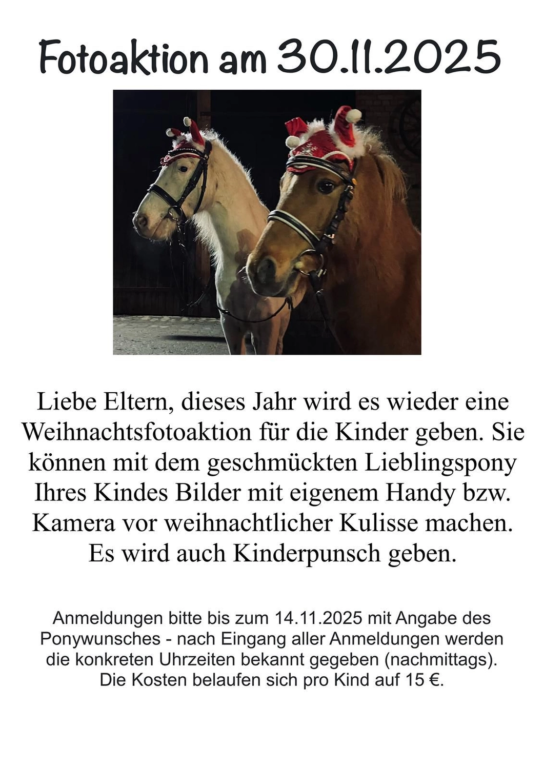 Flyer Weihnachtsfotoaktion am 30. November 2025, Anmeldung bis 14. November, 15 Euro pro Kind