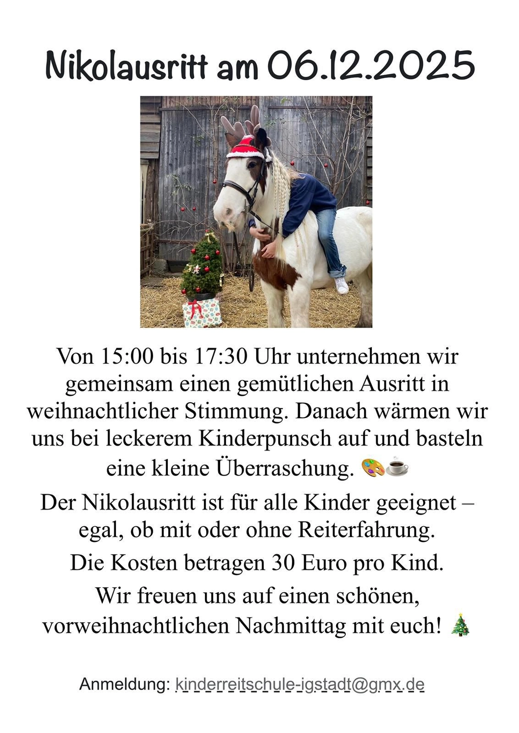 Flyer Nikolausritt am 6. Dezember 2025, 15 bis 17:30 Uhr, 30 Euro pro Kind