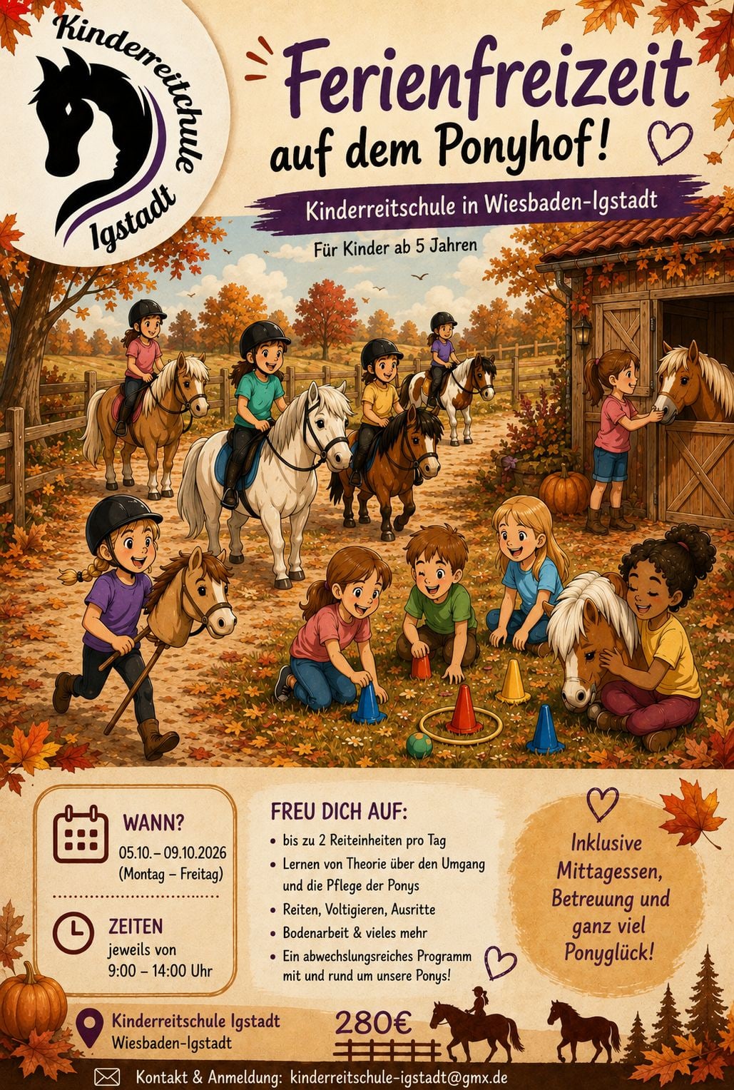 Flyer Ferienfreizeit auf dem Ponyhof vom 5. bis 9. Oktober 2026, täglich 9 bis 14 Uhr, 280 Euro