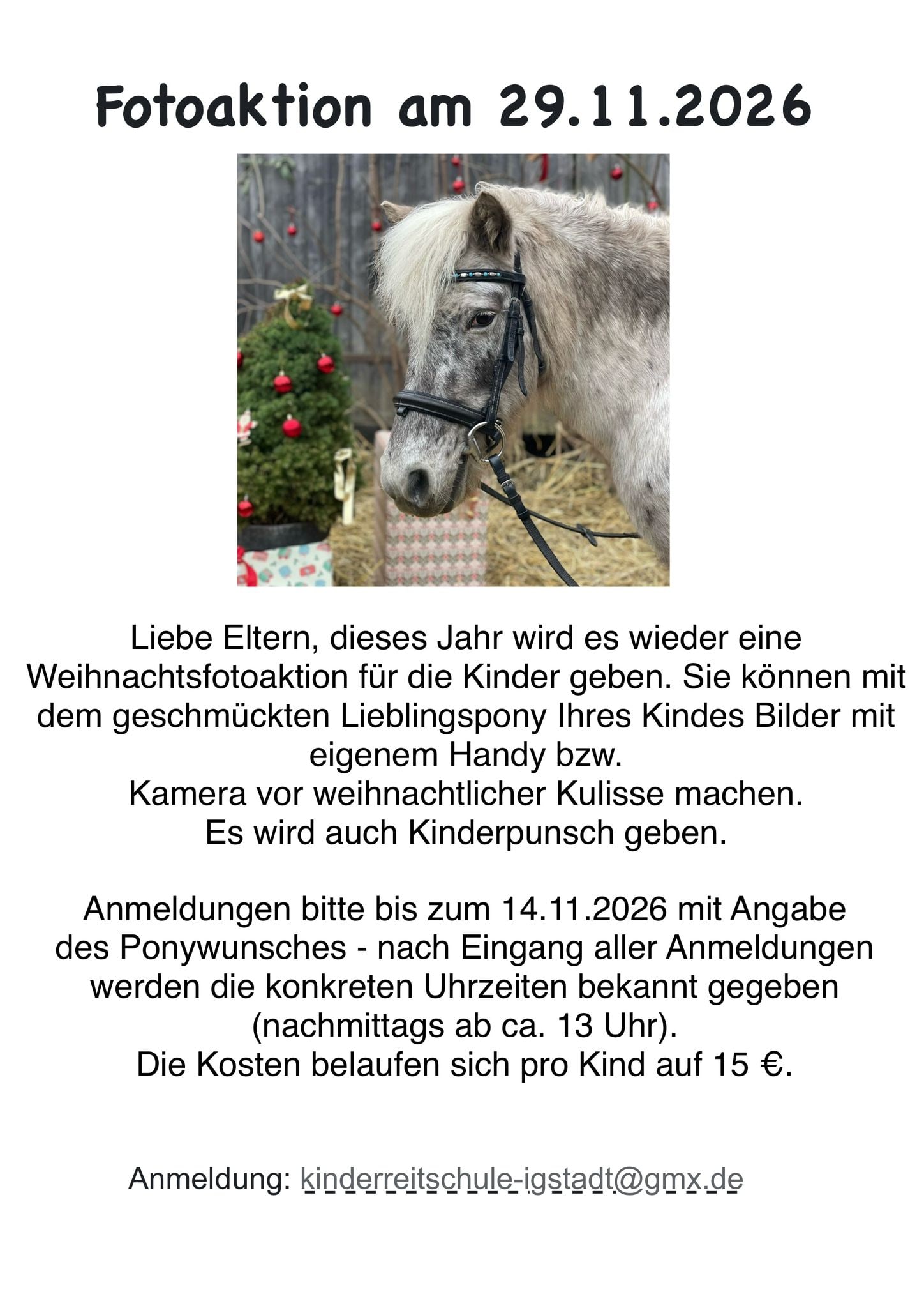 Flyer Weihnachtsfotoaktion am 29. November 2026, Anmeldung bis 14. November, 15 Euro pro Kind
