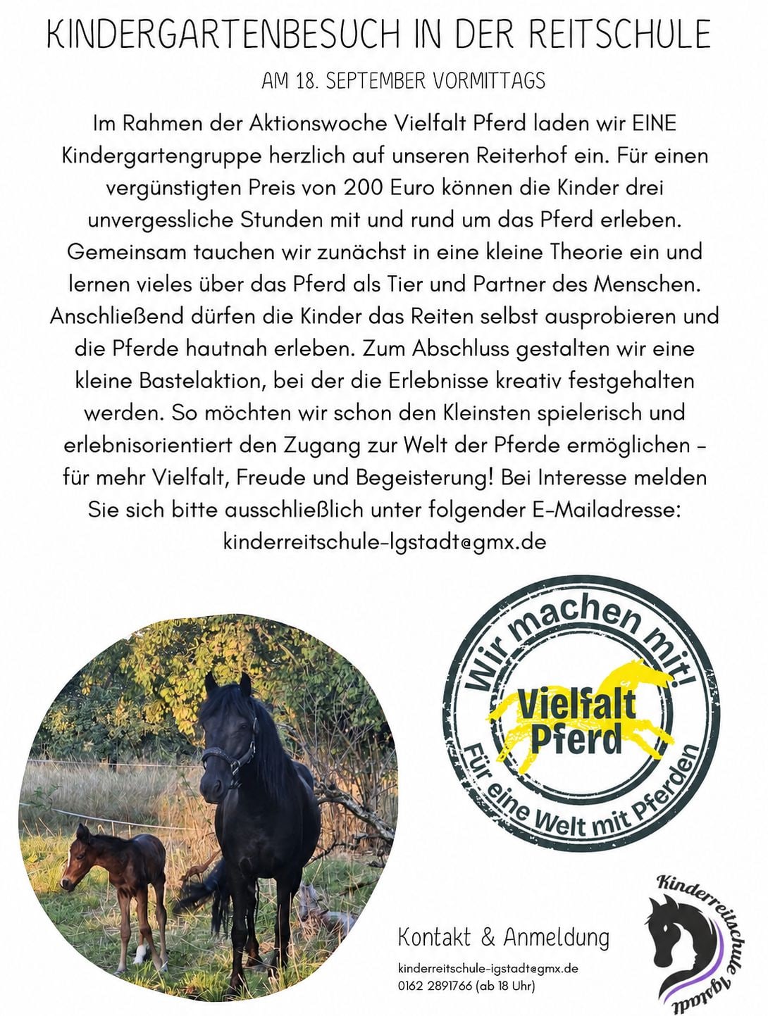 Flyer Kindergartenbesuch in der Reitschule am 18. September vormittags für 200 Euro