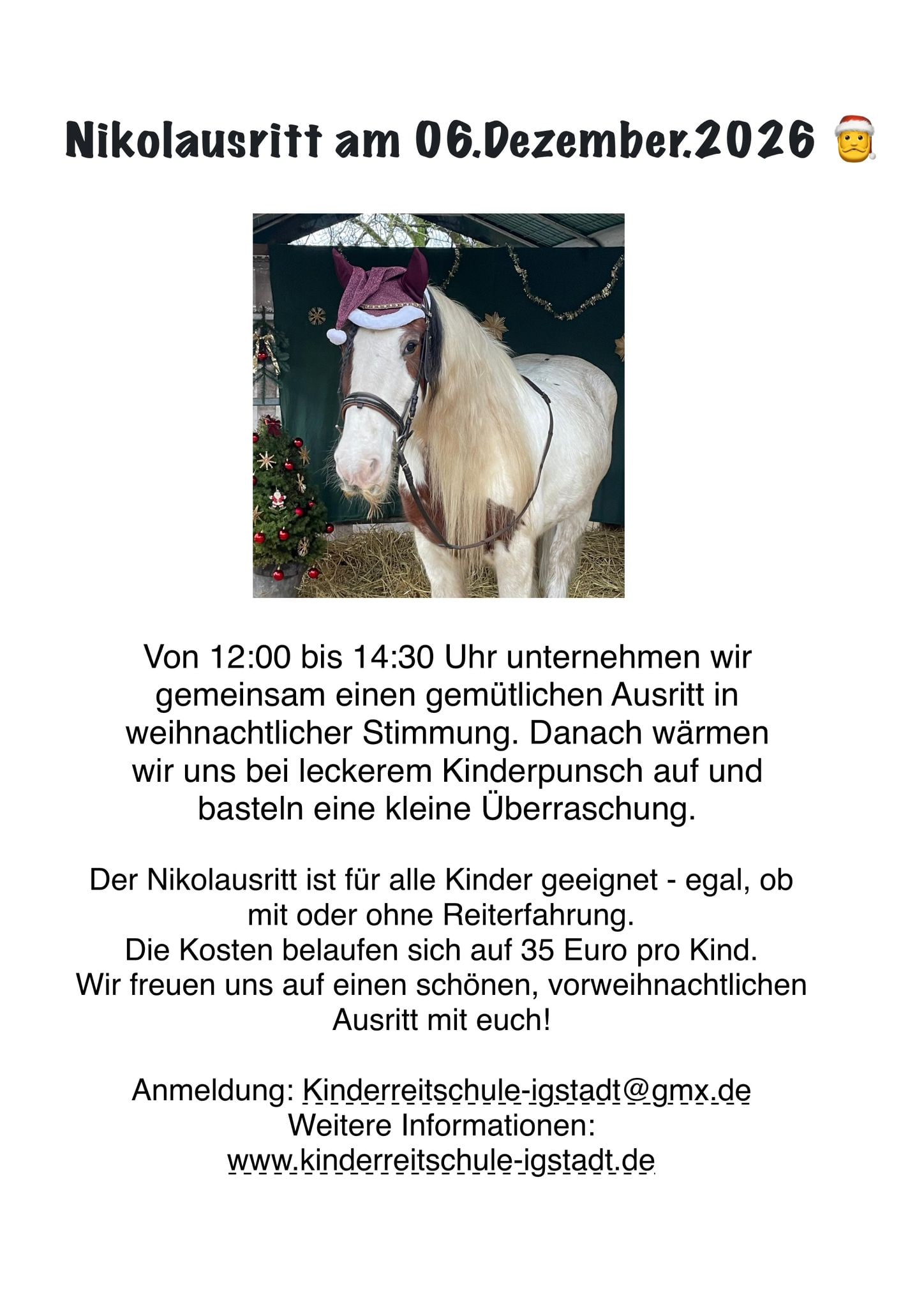 Flyer Nikolausritt am 6. Dezember 2026 von 12 bis 14:30 Uhr, 35 Euro pro Kind