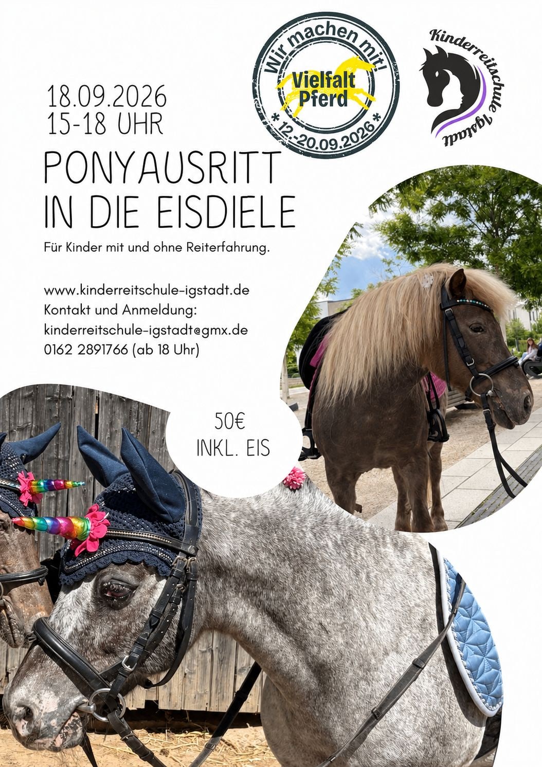 Flyer Ponyausritt in die Eisdiele am 18. September 2026 von 15 bis 18 Uhr, 50 Euro inklusive Eis