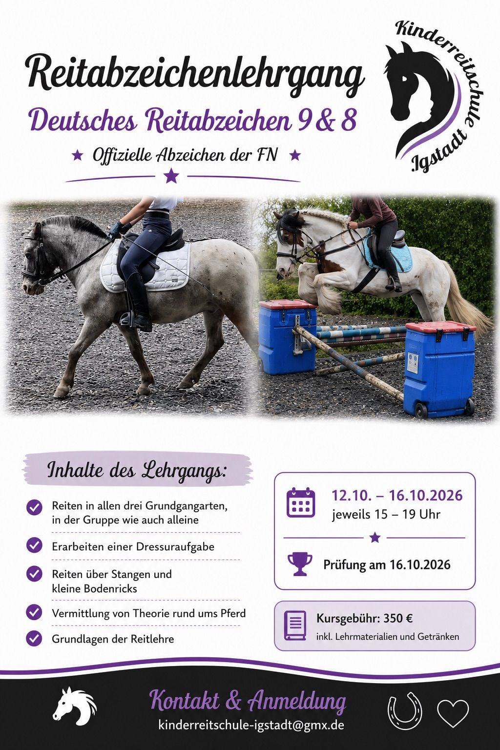 Flyer Reitabzeichenlehrgang Deutsches Reitabzeichen 9 und 8 vom 12. bis 16. Oktober 2026, Kursgebühr 350 Euro